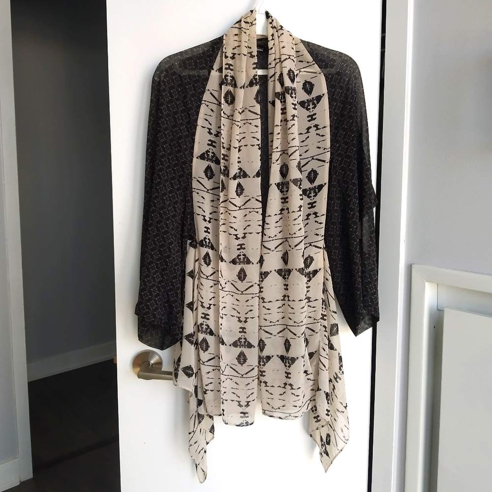 Navy blue and beige chiffon drape top
